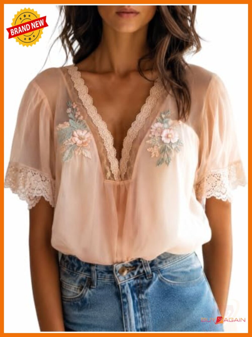 Boho Floral Embroidered Chiffon Blouse Lace V Neck Ruffle Sleeve Top